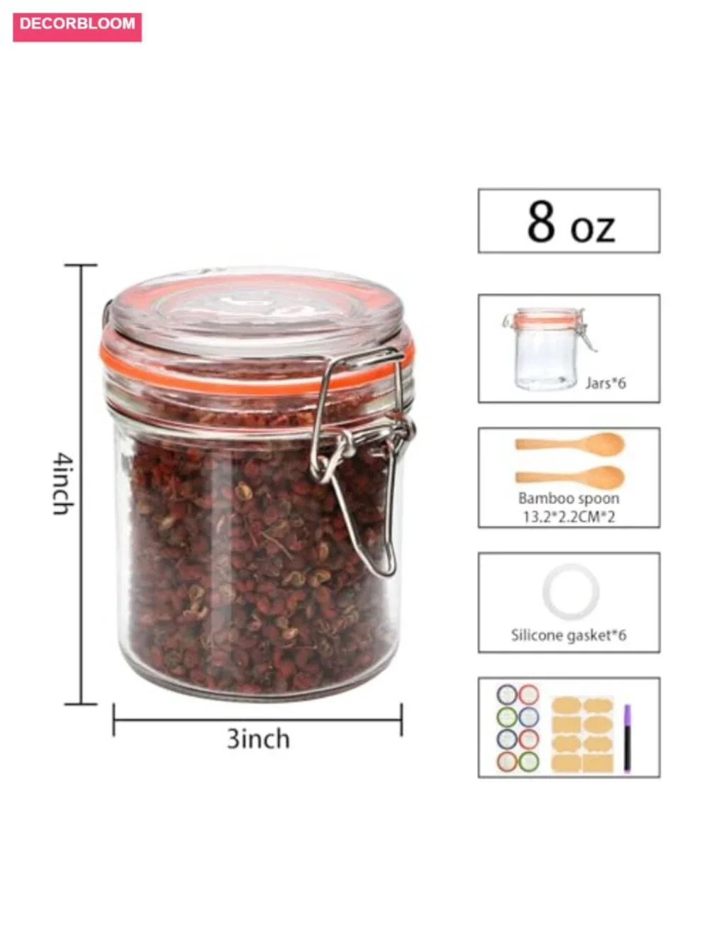 Set of 6 Airtight Glass Jars with Lids, 8oz Kitchen Canisters for Spice, Flour,